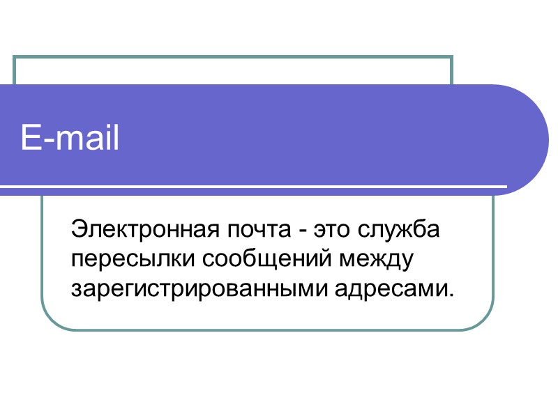 E-mail Электронная почта - это служба пересылки сообщений между зарегистрированными адресами.